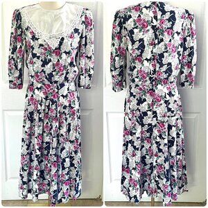 Vintage Lisa II Blue White Floral Bib Collar Cottagecore Midi Dress Womens sz L